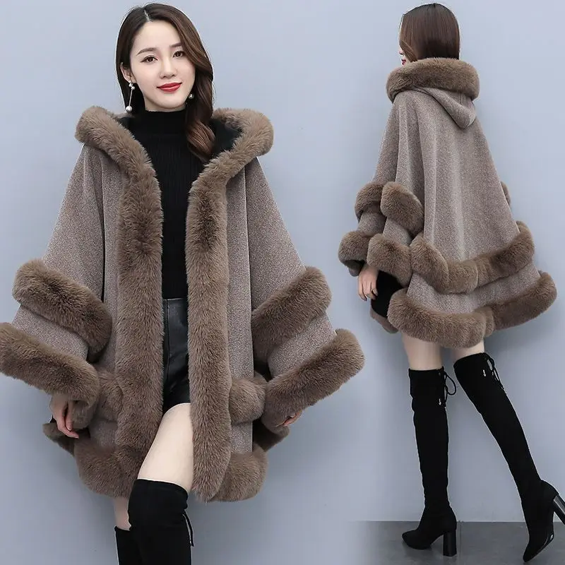 

2025 New Women Winter Warm Fur Collar Jacket Cloak Coat Woolen Vintage Hooded Dress Party Cape Coat Costume for Women Wh183