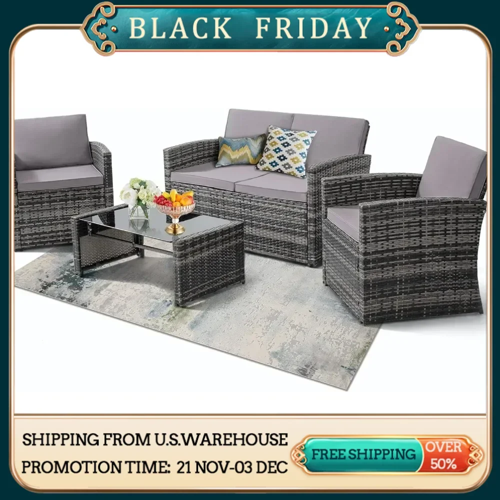 4 Pieces Patio Conversation Set, Outside Rattan Sectional Sofa, Cushioned Furniture Set, Wicker Sofa Ideal for Garden, Backyard