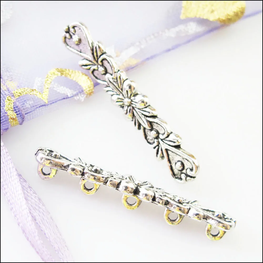 12Pcs Tibetan Silver 5 Hole Flower Heart Spacer Bar Beads Connectors Charms 6.5x36mm