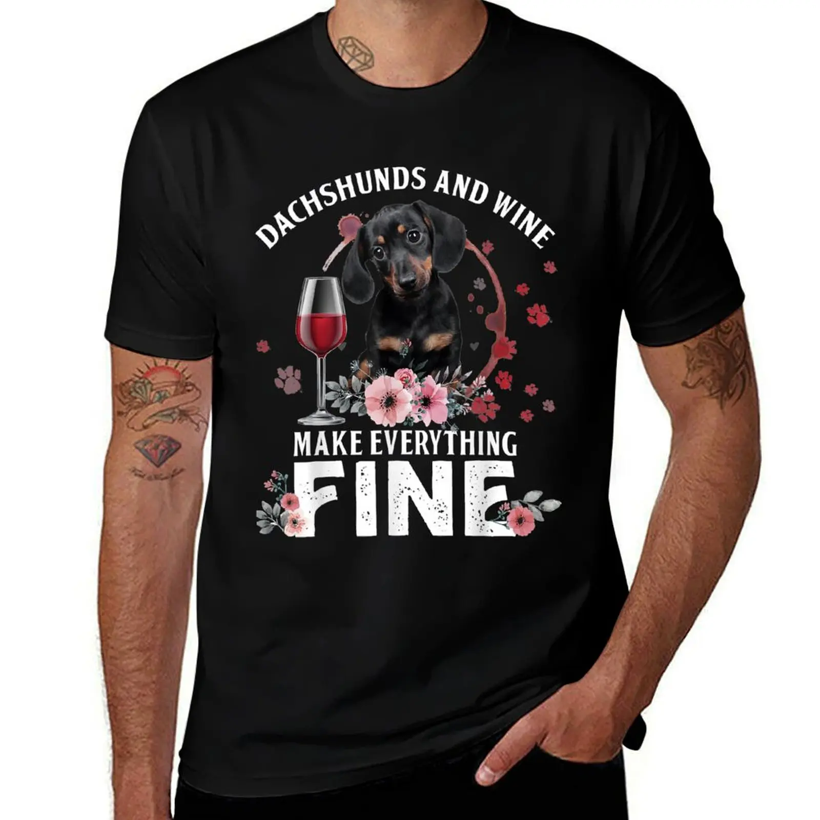 

Dachshund And Wine Make Everything Fine Drink Wine And Dog T-Shirt Vintage Print Crew Neck Tee