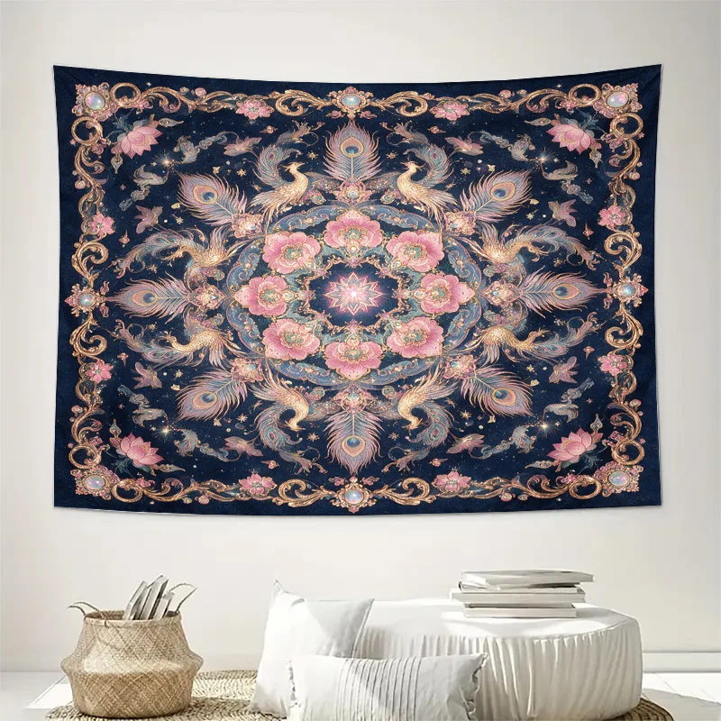 Ornate Peacock Baroque Curtains Decorative Luxury Tapestry Window Drapes Maximalist Floral Mandala Accent Curtains for Home Deco