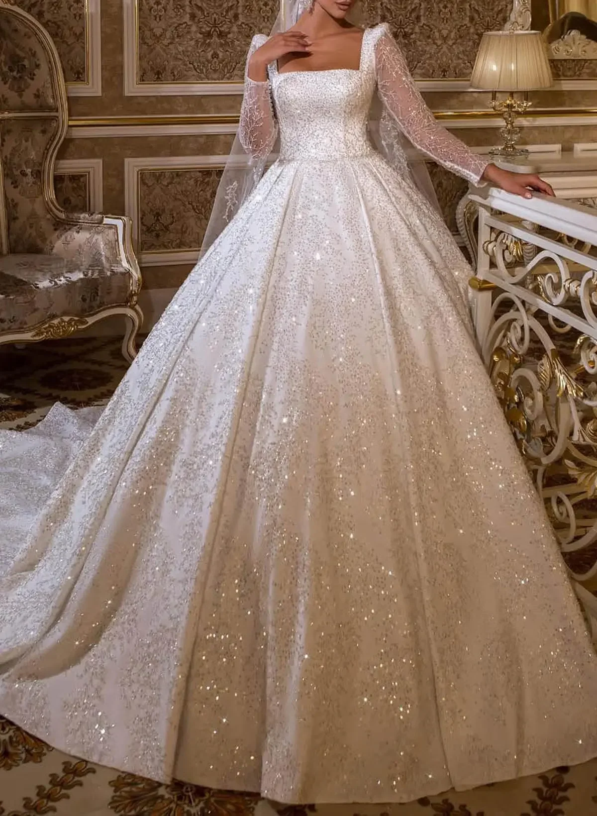 Exquisite Shiny Lace Bead Decoration Square Neck Women's Wedding Dress Long Sleeved Tight Corset Princess Bride Dress Customized