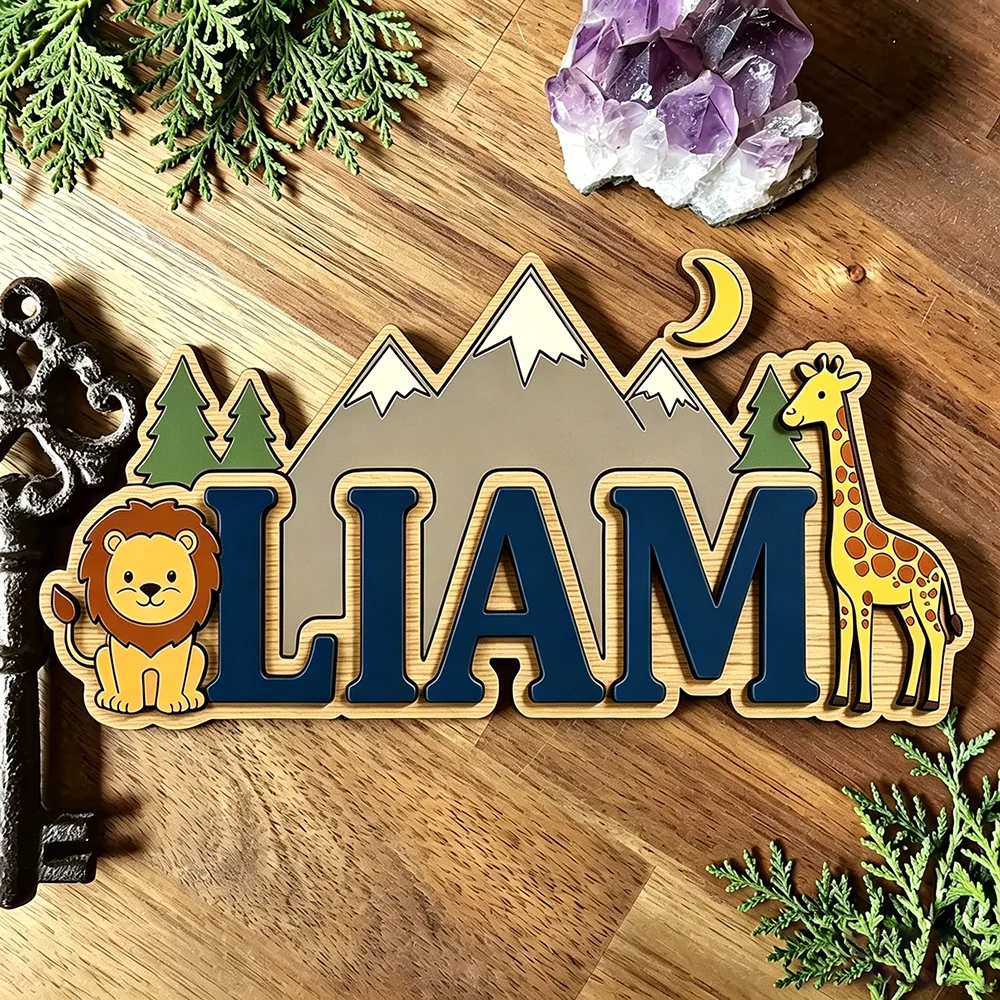 Custom Safari Lion & Giraffe Kids Name Sign for The Dearest Baby, Cute Mountain Moon Themed Nursery Door Plaque image 3