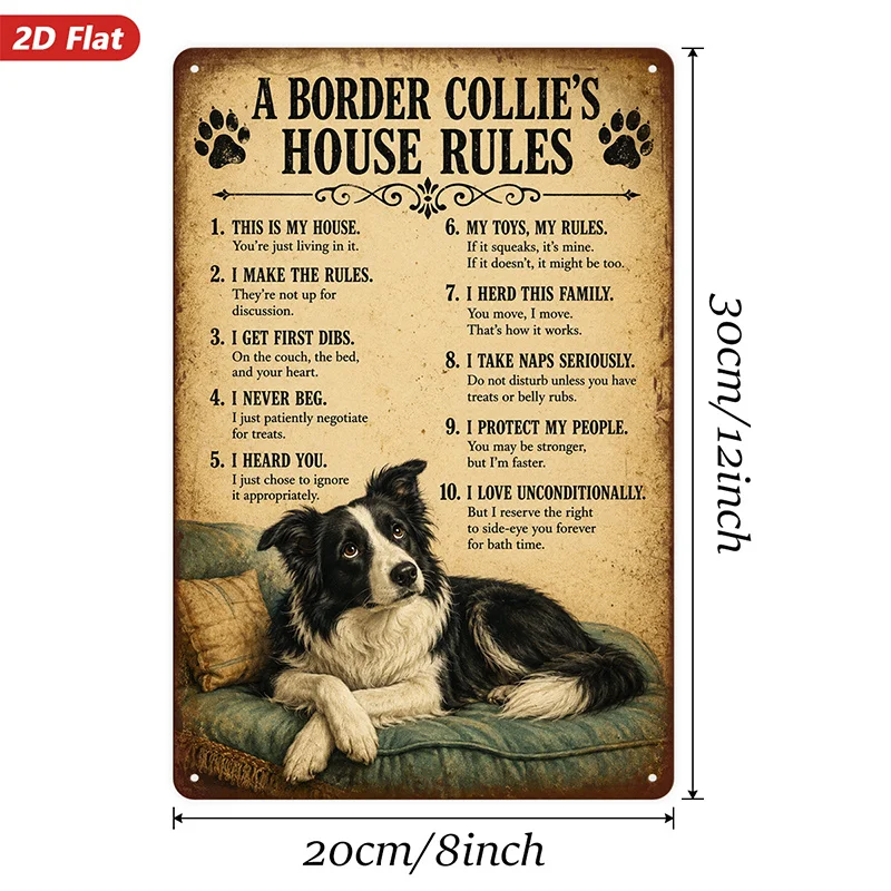 2D Flat,Metal Sign Wall Art, Border Collie Themed Home Decor, with 