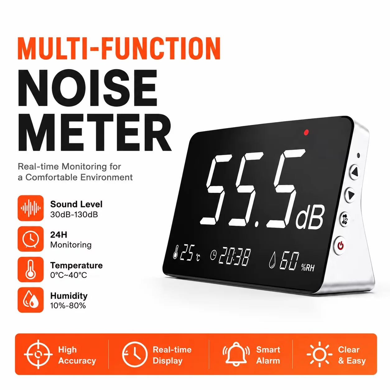 Sound Level Meter with Data Logging, 30-130dB Digital Noise Decibel Meter Alarm A-Weighted, 26000 Data Export Rechargeable