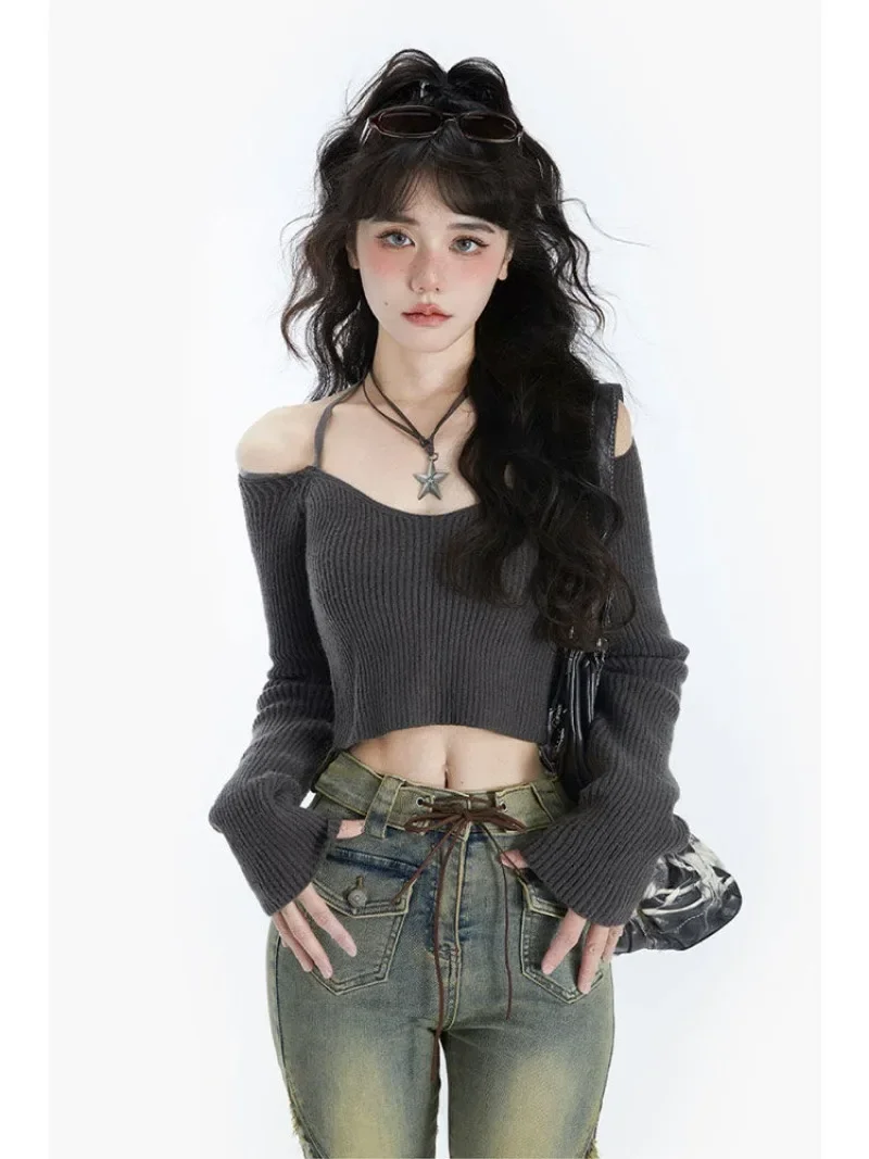 Long Sleeve Sweaters Off Shoulder Y2k Aesthetic Fairy Grunge Grey Cropped Sling Tops Korean Style Kittted Hotsweet Clothing