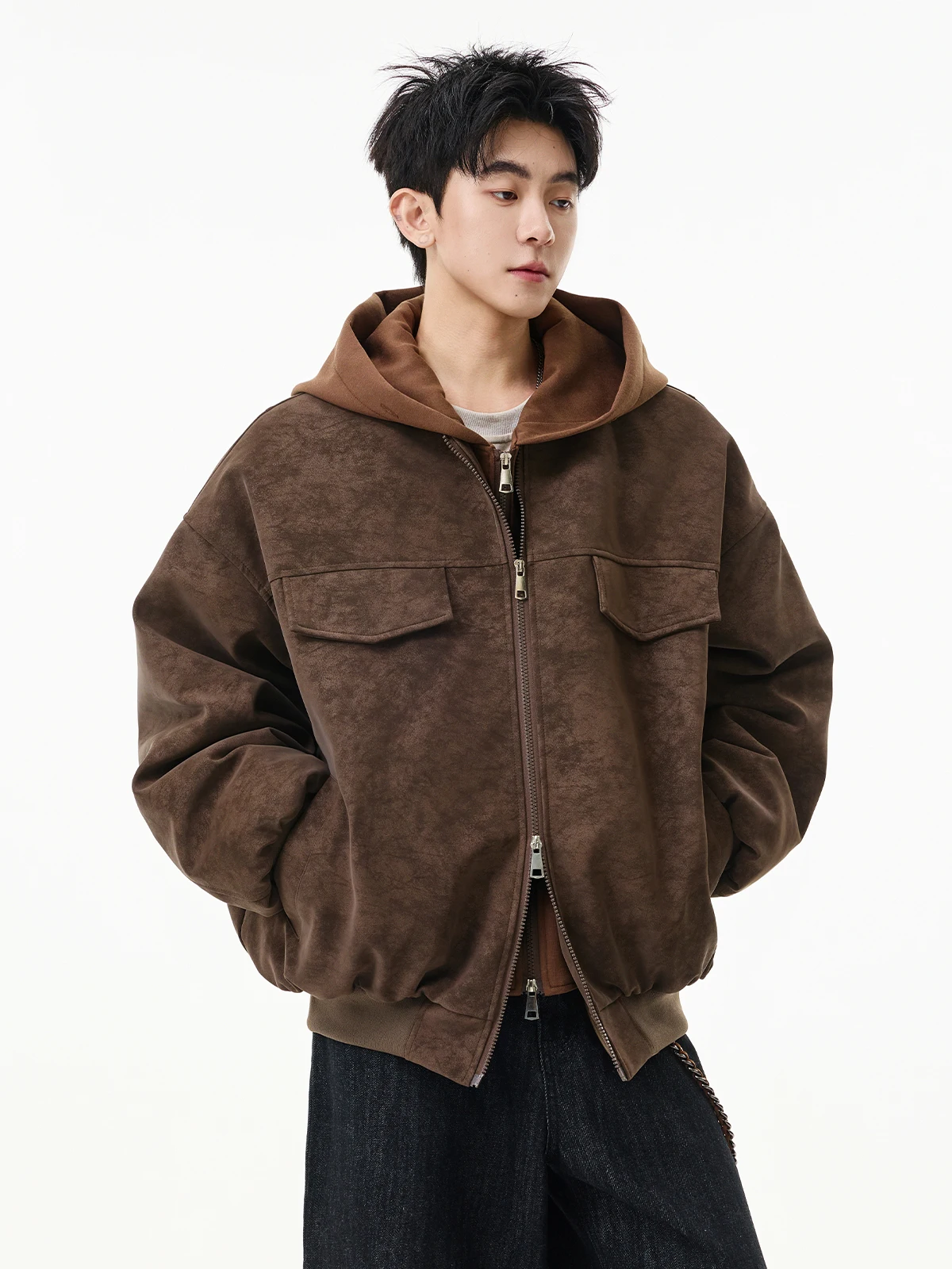 

American Sle Thiened PU Leather Hooded Cotton Jaet Men's Winter Faion Brand Loose Versatile Warm Cotton Coat