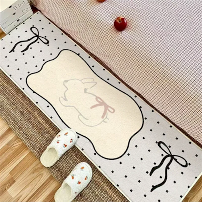 VIKAMA Cute Bow Rabbit Running Carpet Sweet Pink Blue Grid Anti slip Long Carpet Soft Bedroom Bedside Home Aesthetic Decoration