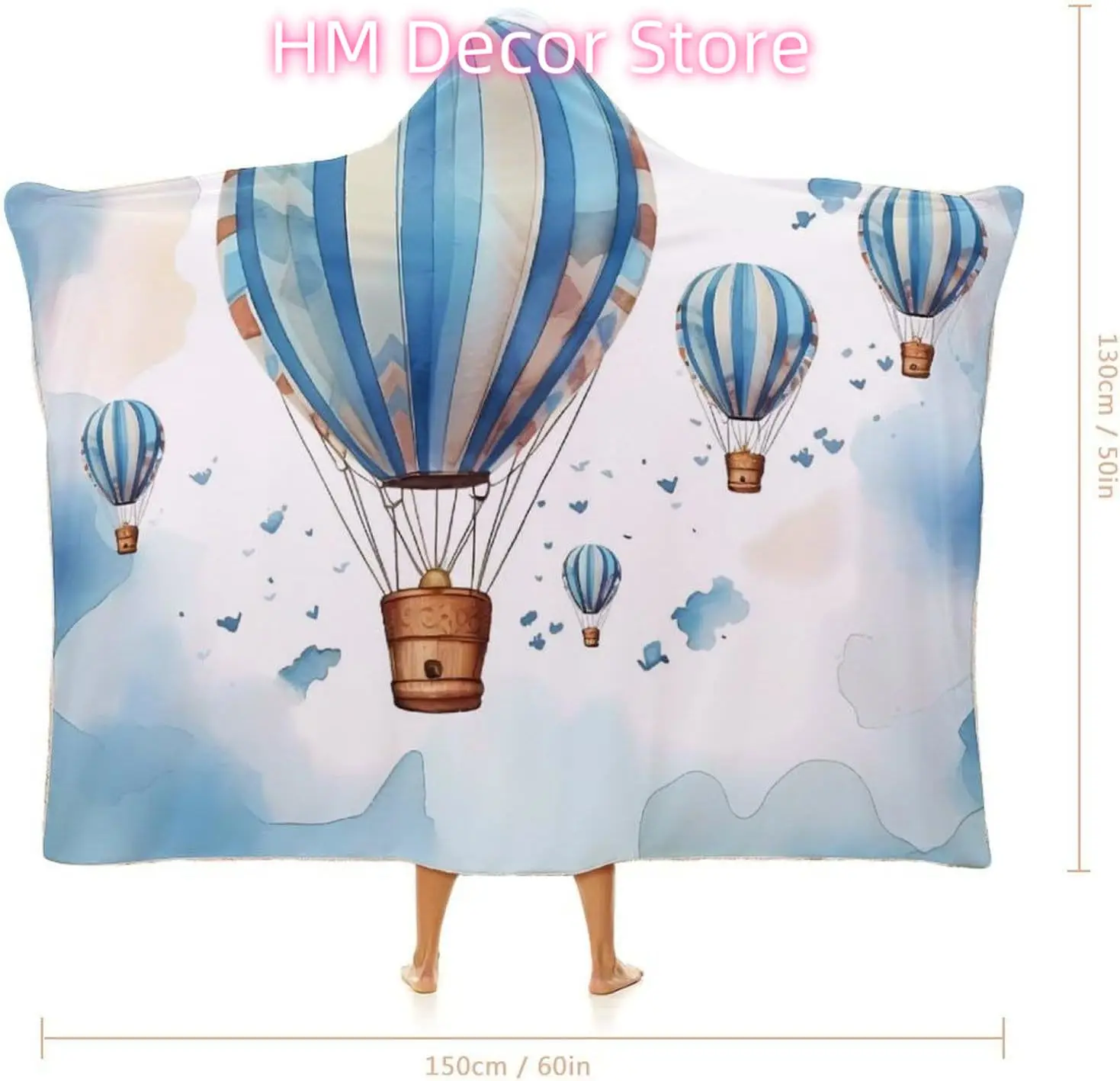 Blue Hot Air Balloon Wearable Hooded Blanket, Ultra Soft Arctic Velvet Cape Cloak Unisex - Cozy Wearable Blanket 50