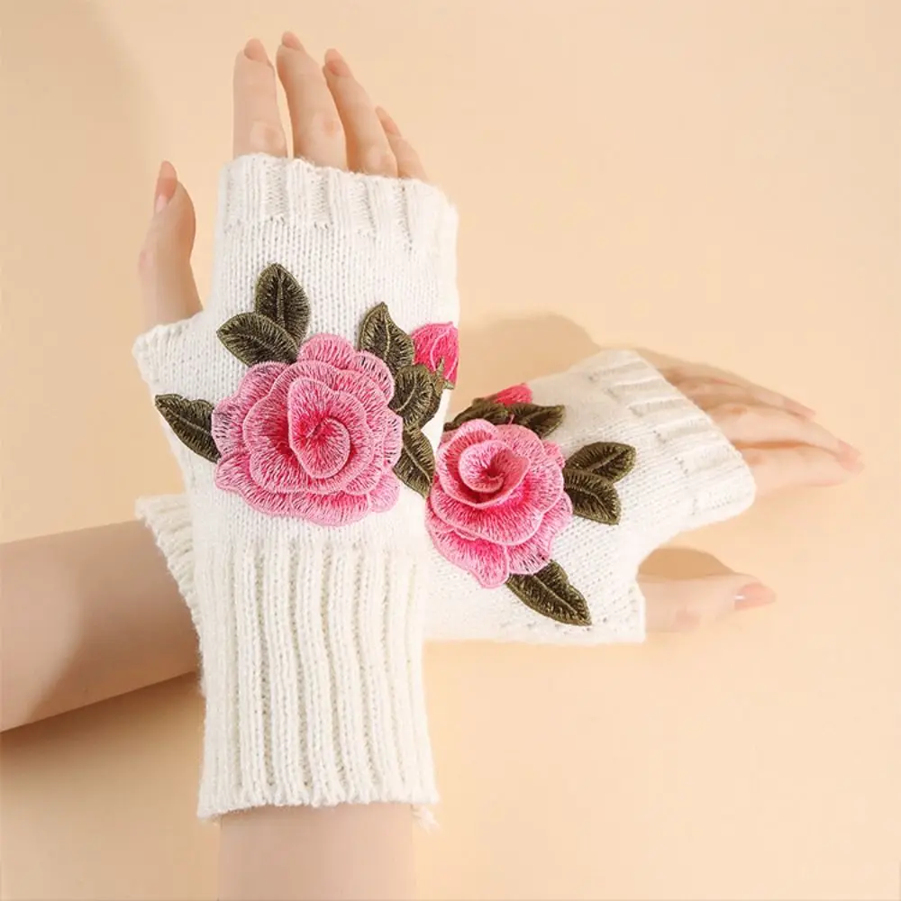 All-Match Vintage Embroidery Knitted Gloves Floral Thick Fingerless Gloves Touch Screen Waterproof Winter Wool Gloves Girls
