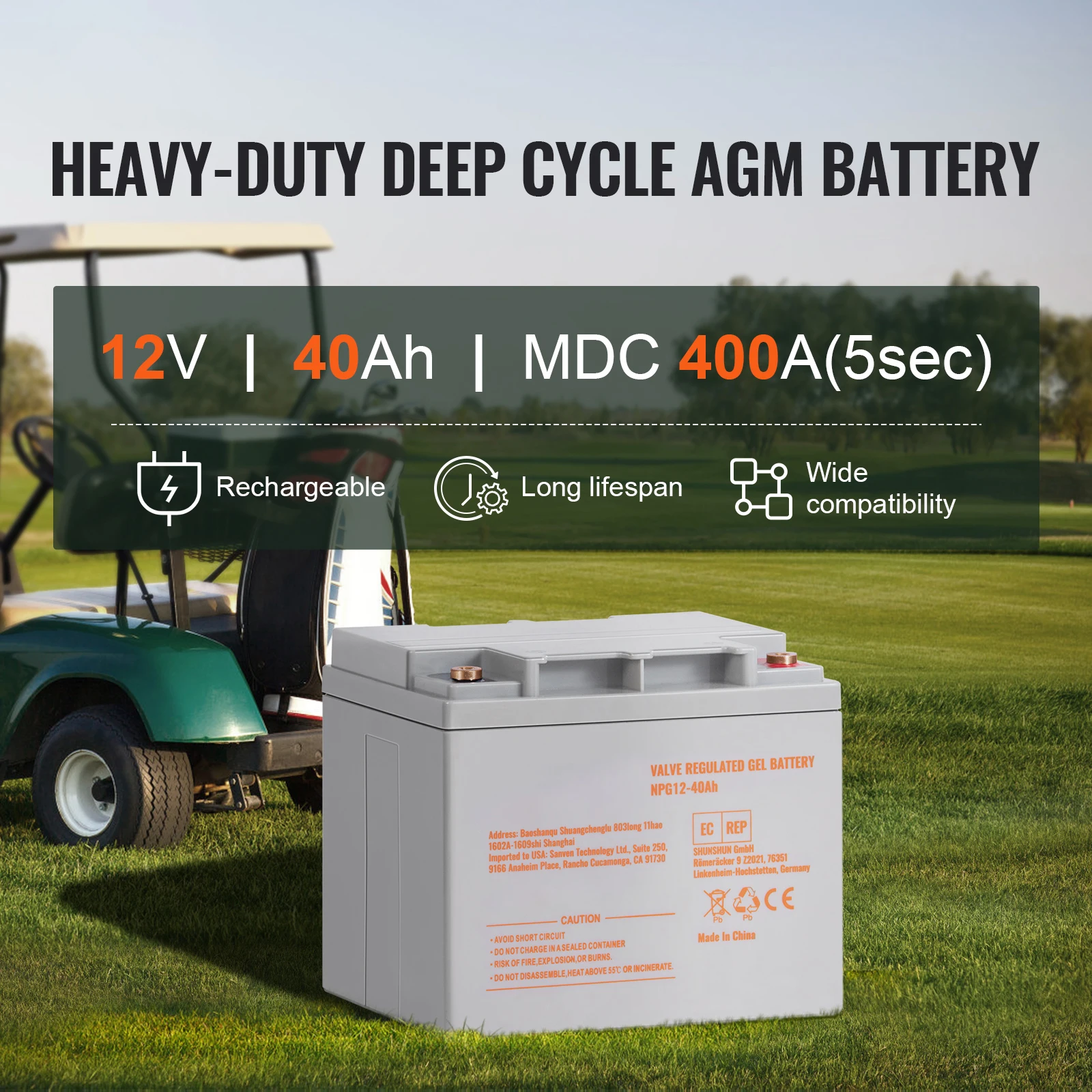 VEVOR Deep Cycle Battery 12V 40/100/200 AH AGM Marine Rechargeable High Self-Discharge Rate 400A/800A/1400A Discharge Current