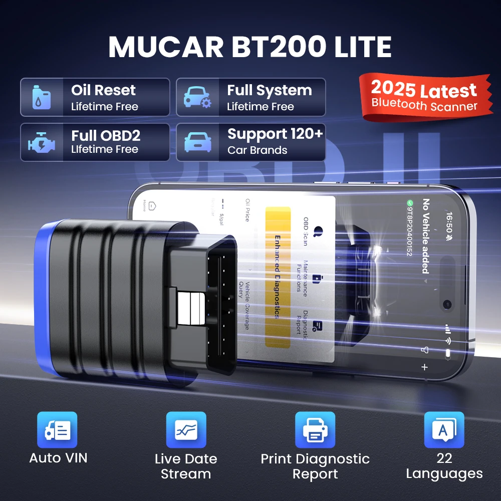 MUCAR BT200 Lite Obd2 Scanner All System Diagnosis Oil Maintenance Lifetime Free Update Car Diagnostic Tool for 120 Car Brands