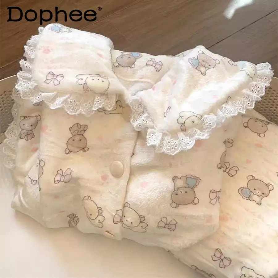 

Плюшевые пижамы INS в японском стиле с мультяшным принтом для женщин, осенне-зимняя новая фланелевая флисовая одежда с милым кукольным воротником, домашняя одежда