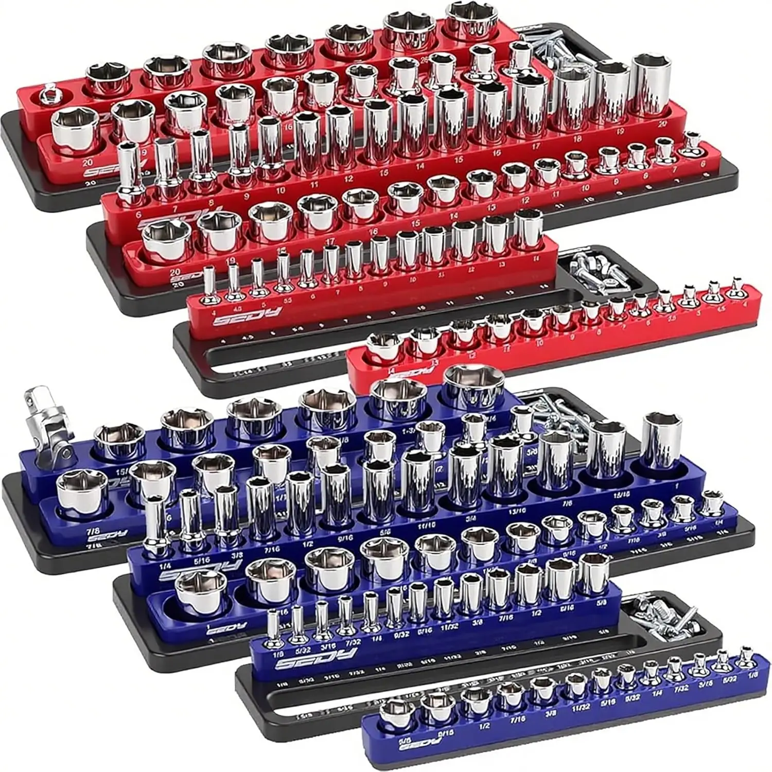 

6-Piece Magnetic Socket Holder Set: Detachable 1/2 3/8 1/4 Drive Storage Tray Organizer for Tool Box Drawer