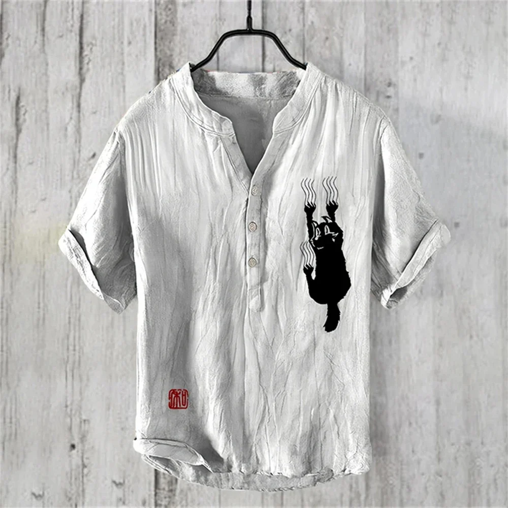 Summer men's short-sleeved V-neck short-sleeved linen printed shirt European and American popular elements large size shirt