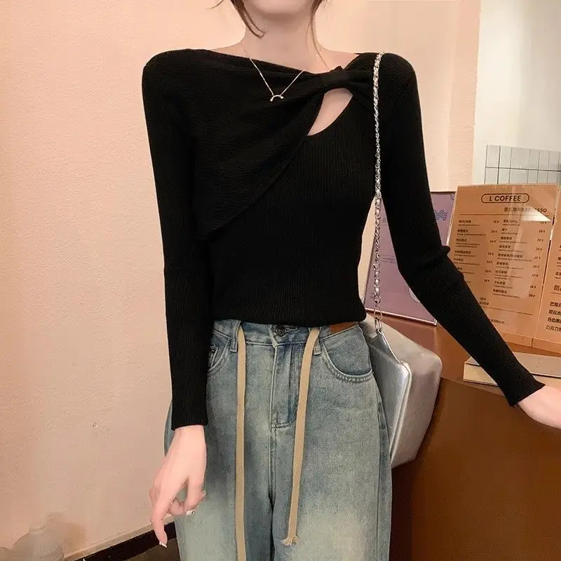 Irregular Bow Hollow Out Knitted Blouse Female Clothing Solid Color Basic Spring Autumn Long Sleeve Slim Spliced Korean Shirt