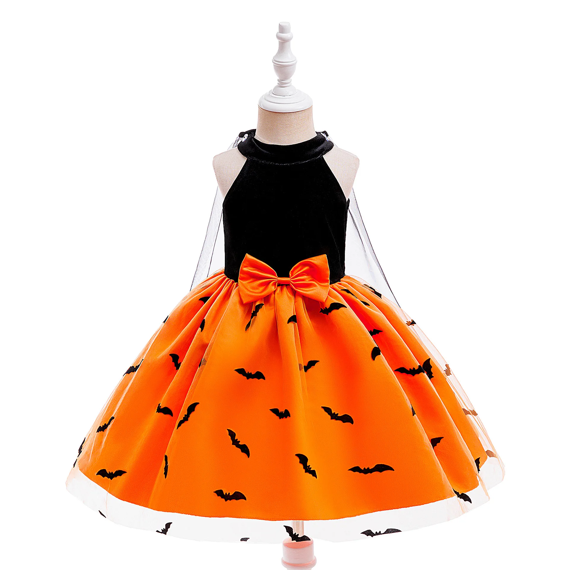 Halloween Costume Girls Dress Patchwork Pumpkin Print Sleeveless Princess Dress+Mesh Cloak For 4-8Y Party Role-playing Clothes