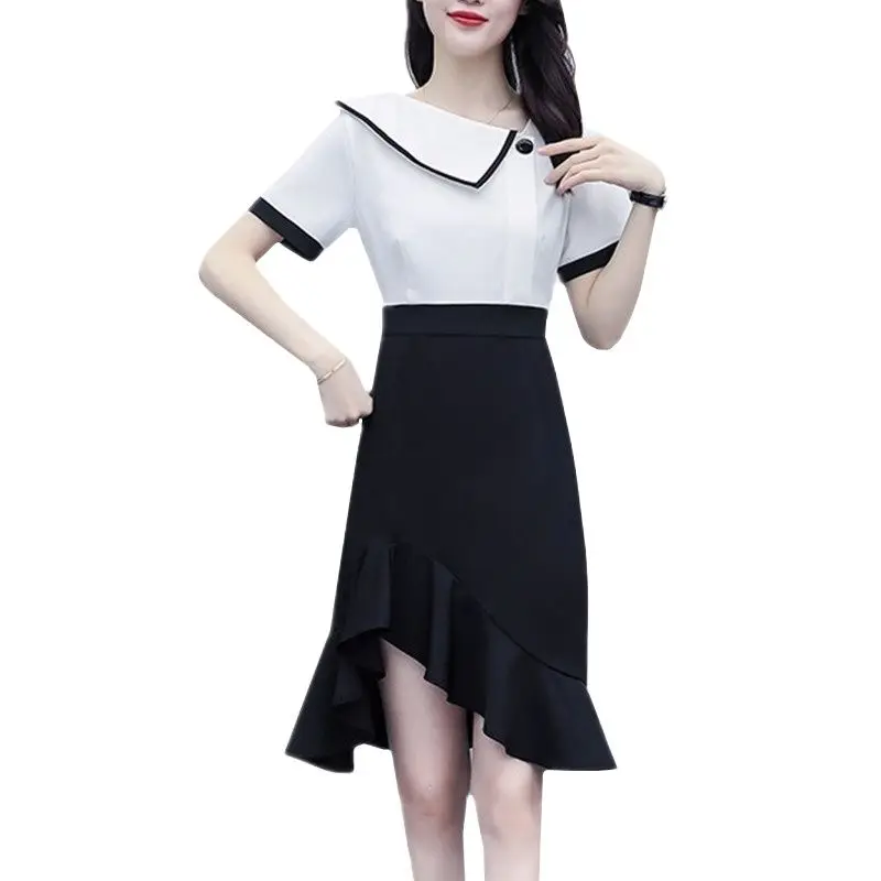 

UHYTGF Loose size Dresses For Women Summer Woman Dress Sexy Fishtail Dress Vestido De Mujer Black and white stitching dress 803