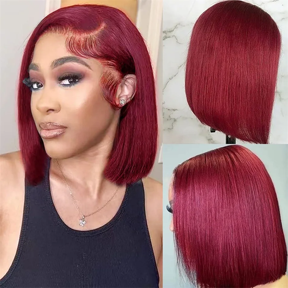 

99J Burgundy Bob Wigs Human Hair Wine Red 13x4 Lace Front Bob Wigs 180% Bleached Knots Full And True Length Pre Plucked Bob Wigs