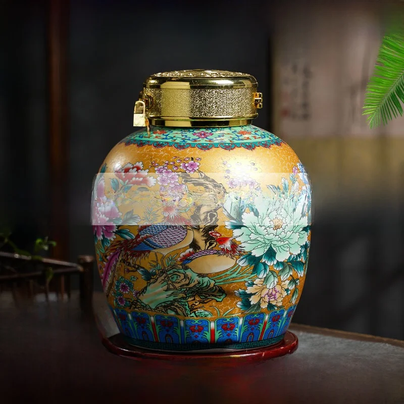 

Jingdezhen Ceramic Alcohol Bottle Fermentation Vessel 10kg 50kg Home Use Sealed Hundred Birds Paying Homage to the Phoenix Al...