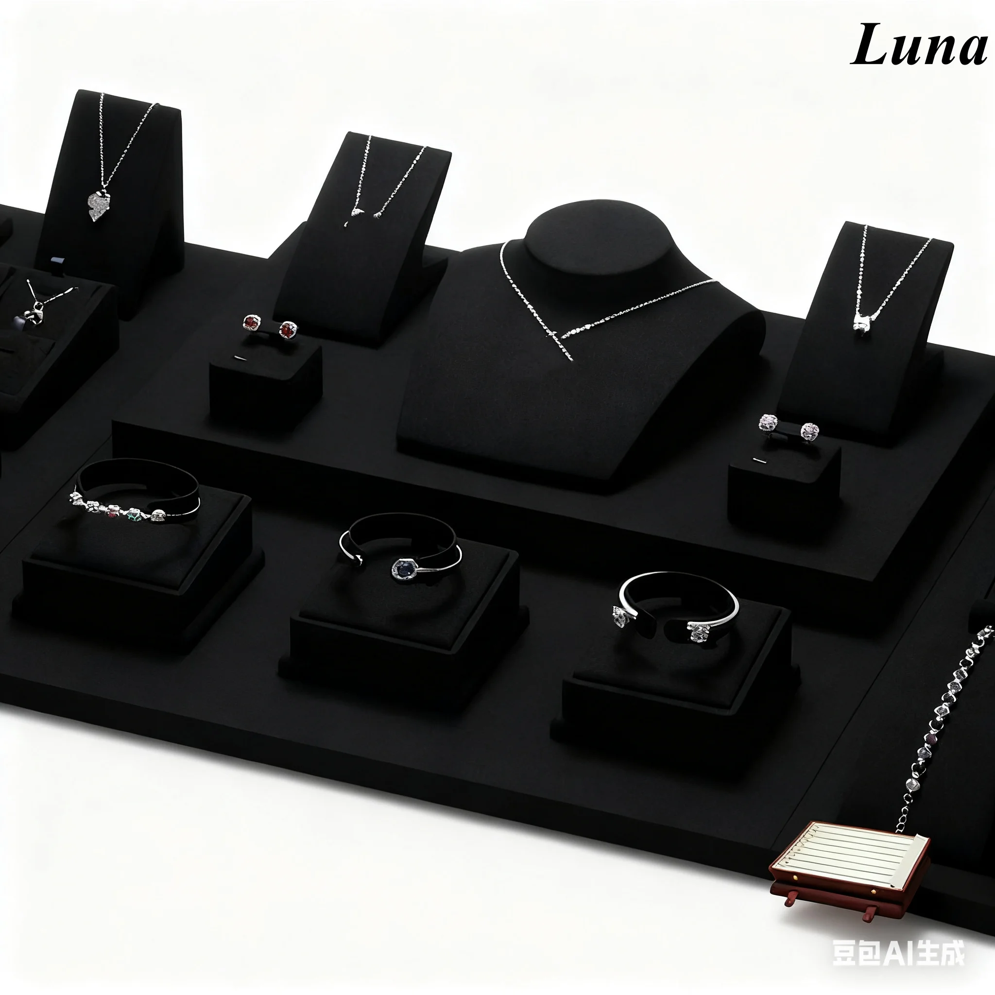 Luxury Black Vegan Leather Jewelry Display Stand, Commercial Grade Organizer for Rings, Necklaces, Earrings, Store Counter Showc