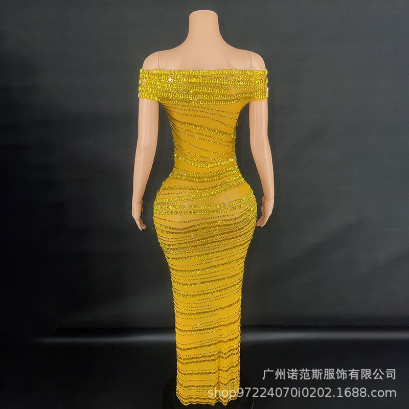 Robe de tempérament mince à épaules dénudées de diamant jaune brillant, tenue de soirée à la mode, tapis rouge, spectacle de marche, uniforme de présentation, robes de Gala