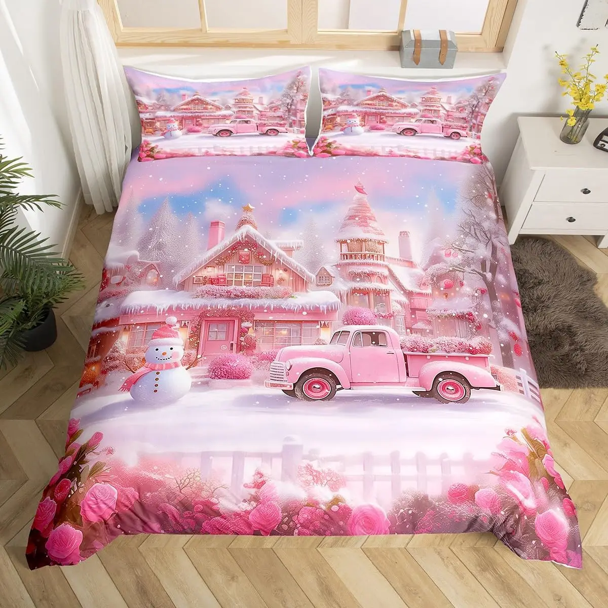 

Christmas Duvet Cover Set Queen Full,Winter Snowman Truck Flower Bedding Set for Boys Girls Room Decor, New Year Comforter Cover