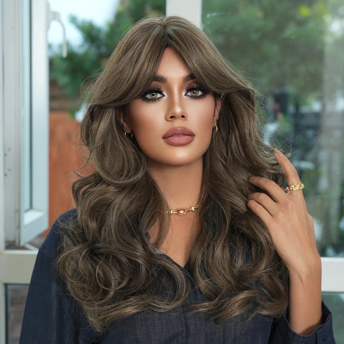 7JHH WIGS Long Body Wave Dark Brown Wig for Women Modest Fashion Synthetic Middle Part Wear and Go Wigs with Curtain Bangs
