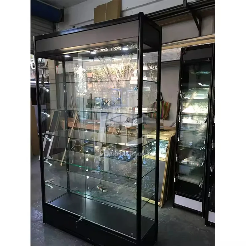 2025customized.Factory Glass Display Stand Cabinet Showcase with Led Light Mirror Sliding By