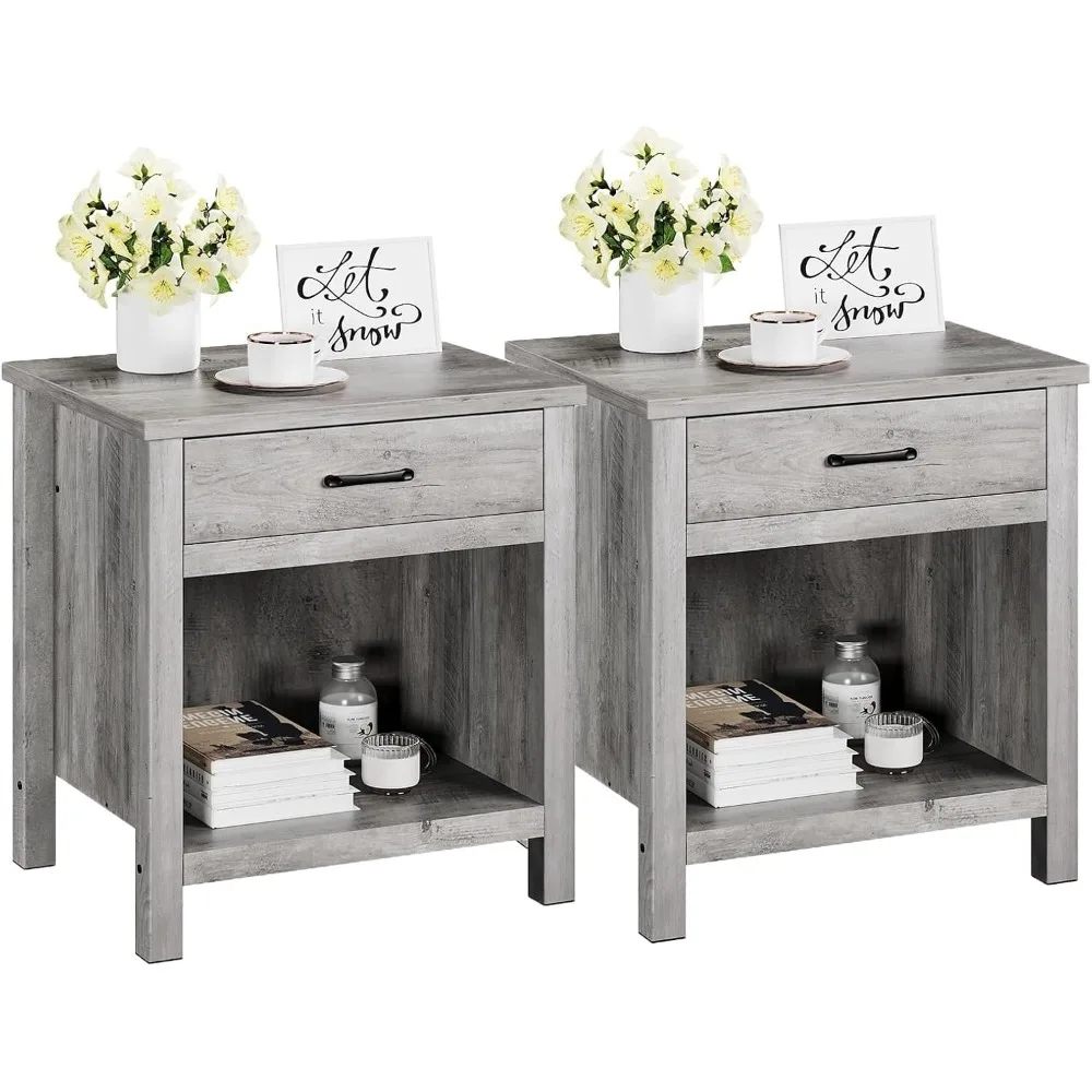 

End Table, Set of 2 Storage Shelf with Drawer for Living Room, Wooden Bedside Tables for Bedroom Nursery Office, End Tables
