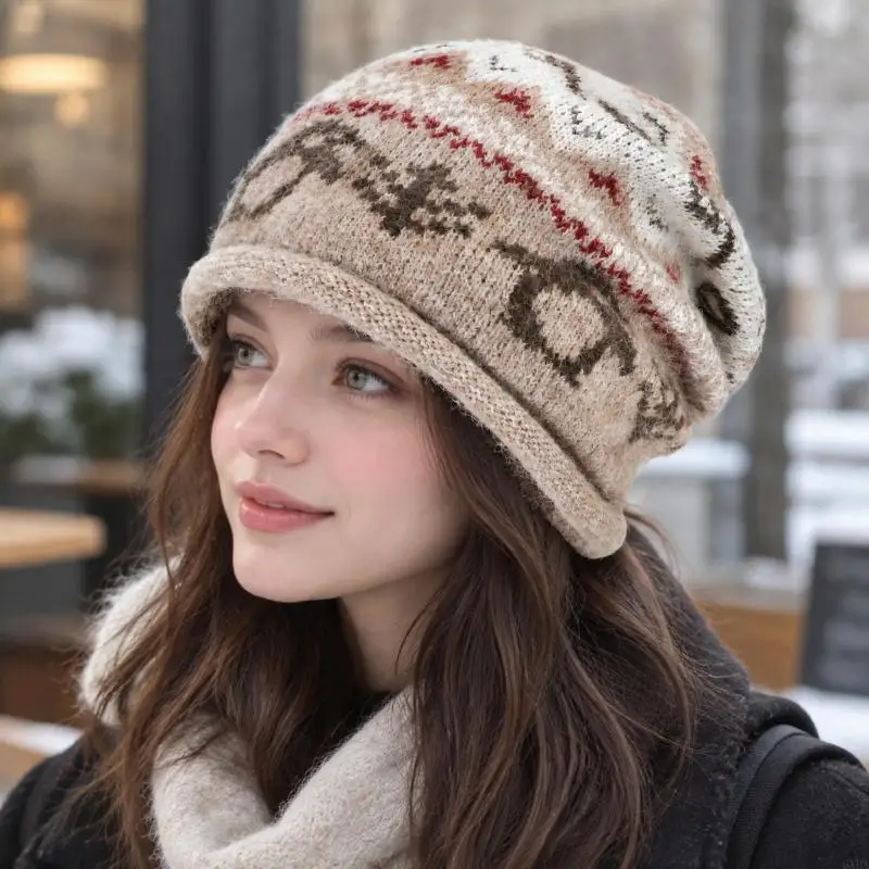 Patterned Wool-Blend Slouch Hat with a Folded and Extended Sides That Cover the Ears in Cool Weather Outdoors 6XDA