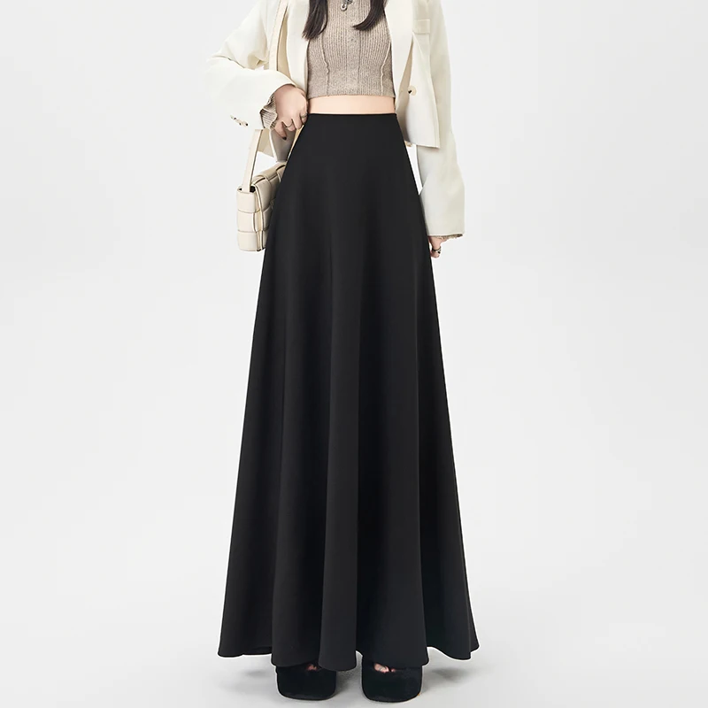 

Women Black Midi Skirt Autumn New High Waist Slim Hanging Feeling A Line Medium Long Umbrella Skirt