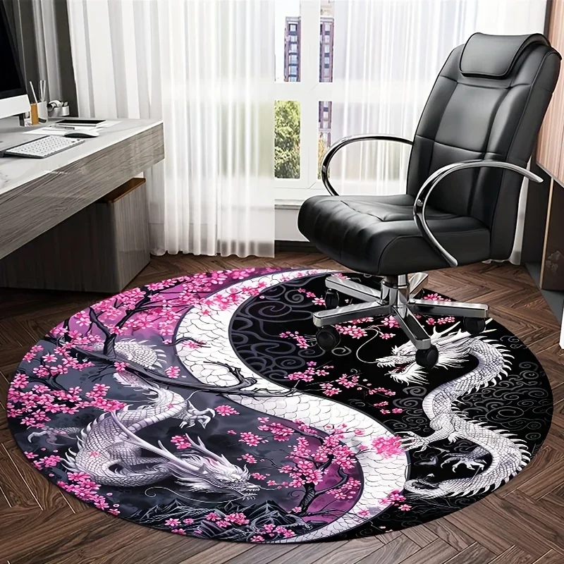 Cherry Blossom & Dragon Round Rug – Crystal Velvet Non-Slip Mat for Bedroom, Living Room, Game Room & Office