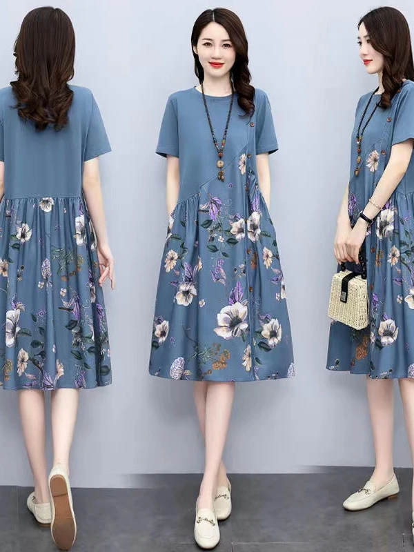 

Летнее женское платье нового стиля больших размеров: модный принт, свободный крой, А-силуэт, короткий рукав, средняя длина, для повседневной носки