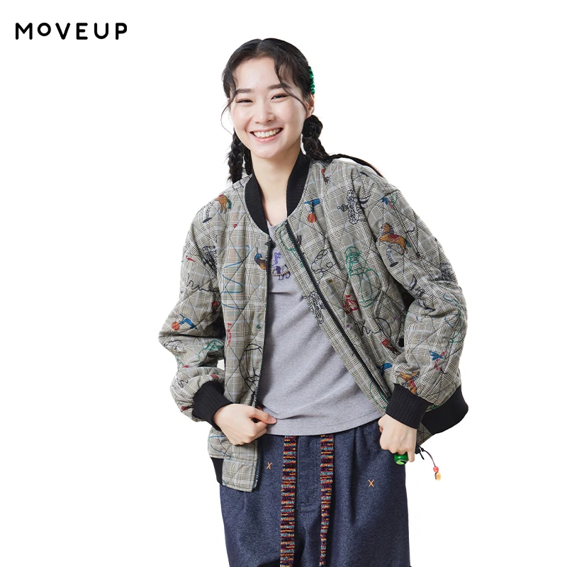 MOVEUP Coats for Woman FUN Series Printed Plaid Rib Cuff Quilted Cropped Jacket 2026 Fall New Commuter Warm Outerwear 3ELQ20922