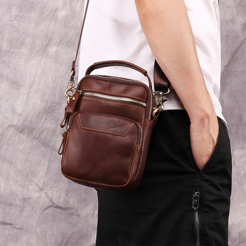 Small Crossbody Messenger Bag Men Vintage Multi Zipper Pockets Mini Shoulder Sling Bag Portable Genuine Leather Cowhide Handbag