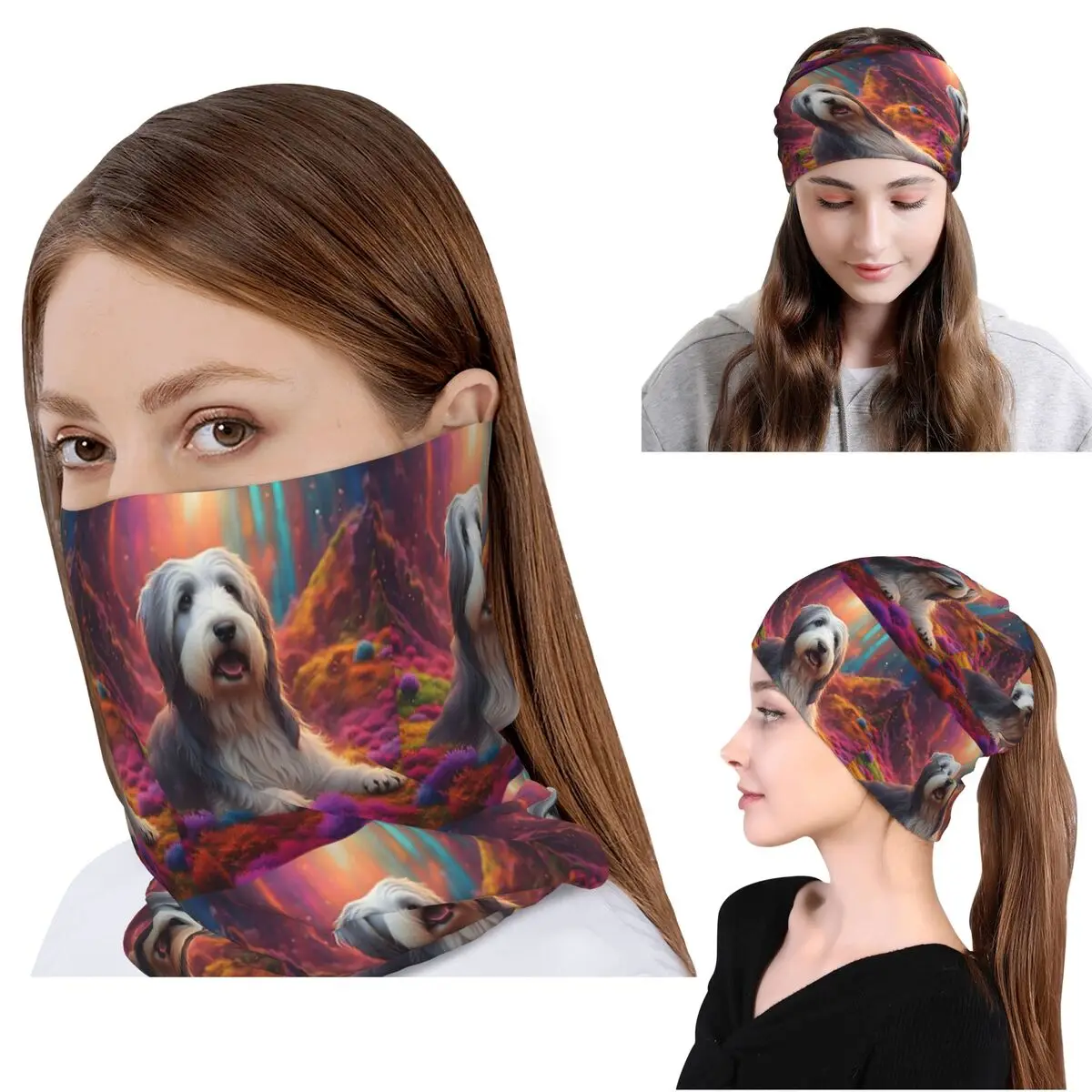 

Bearded Collie Dog In Colorful Nature Bandana Neck Cover Wrap Mask Scarf Warm Face Mask Beanies Hat Unisex Adult Washable