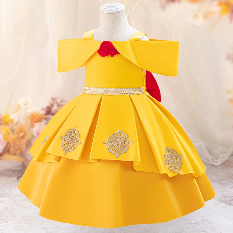 Vintage Girls Noble Princess Dress Cosplay Dresses Baby Girl Yellow Fashion Birthday Tutu Gown Toddler Embroidery Wear With Bow