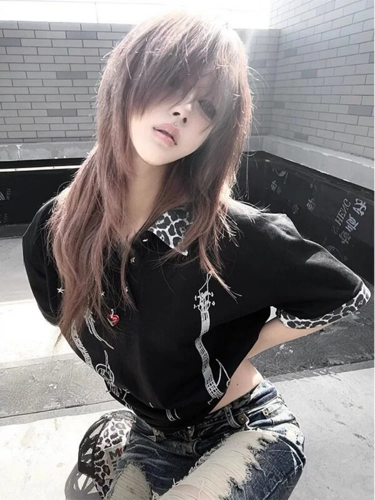 

2026 Summer Women's Black Graphic Polo T Shirt Y2K Subculture Leopard Print Patchwork Loose Fit Short Sleeve Top