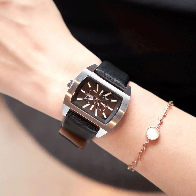 Rectangular vintage Wrist Watches For Women Silver Case Ladies Luxury Brand Genuine Leather Band Quartz Clock Reloj Mujer