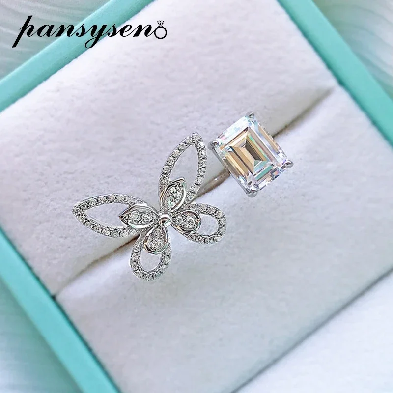 

PANSYSEN 100% 925 Sterling Silver Butterfly Emerald Cut High Carbon Diamond Wedding Engagement Open Ring Fine Jewelry Gift