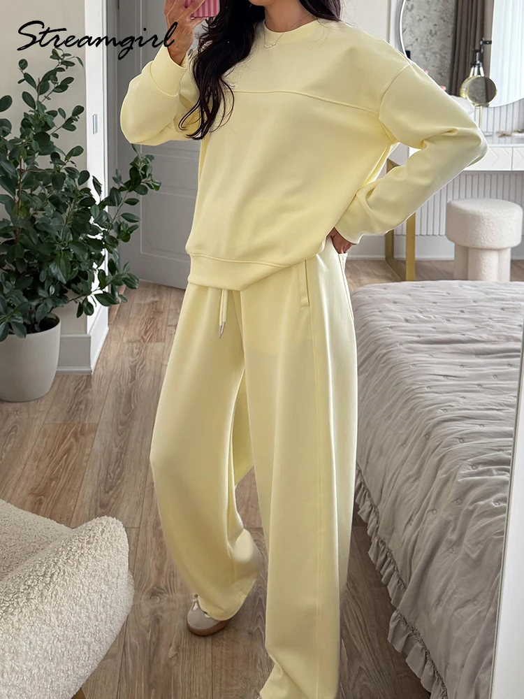 Yellow Sweatsuits Woman 2 Piece Brown Sweatpants Set For Ladies Blue Sweatshirts And Jogging Pants Sets For Women Sport Suits