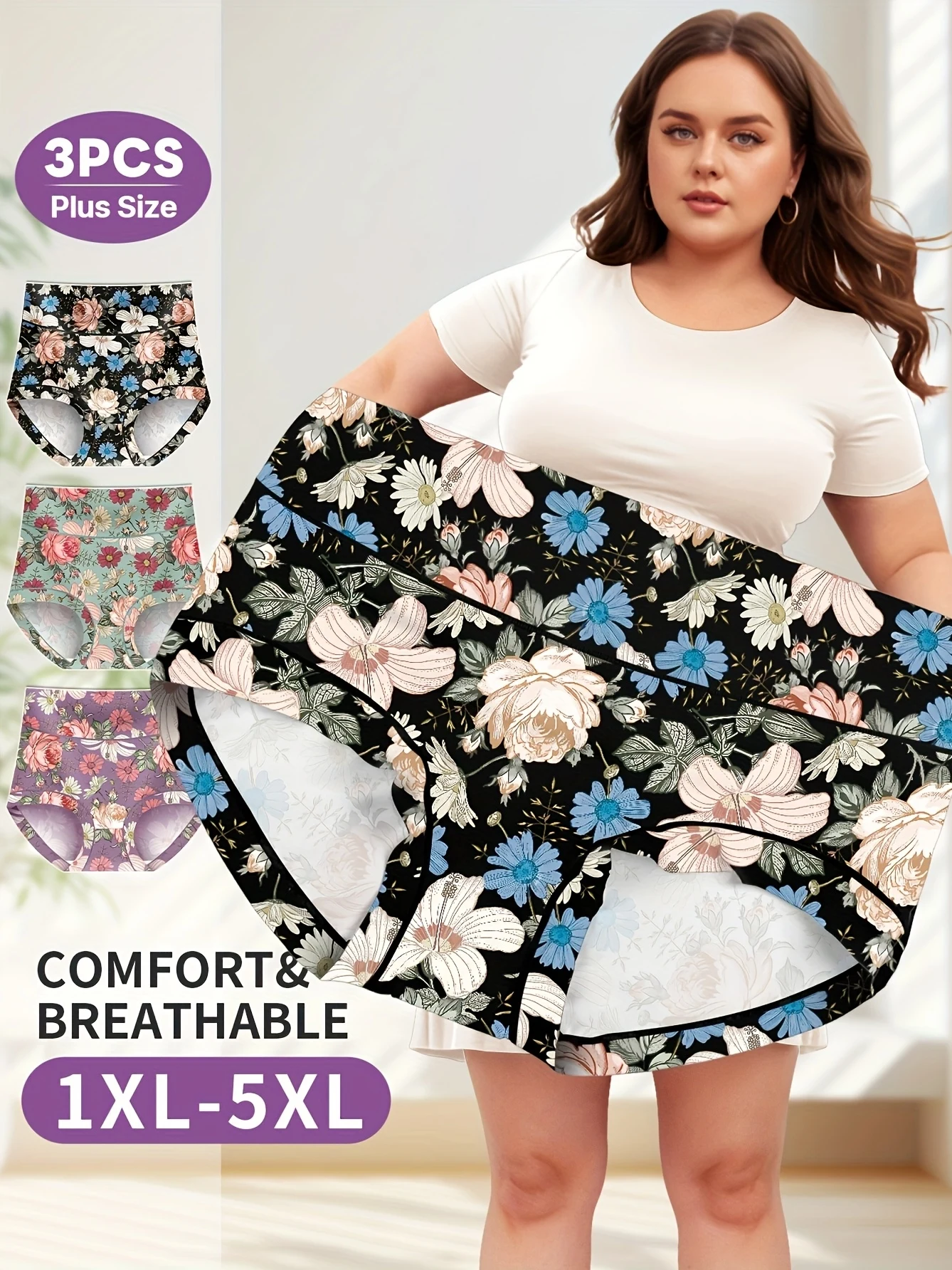 

Корректирующее белье больших размеров с высокой талией для женщин — 3 шт., для контроля живота и подтяжки ягодиц, цветочный принт, комфортная посадка, корректирующее белье