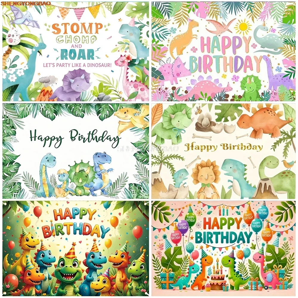 

Children Happy Birthday Party Background Tropical Jungle Woodland Tyrannosaurus Baby Shower Dinosaur Photography Backdrops SD-18