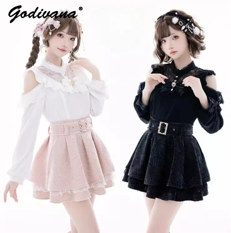 Japanese 2025 Spring New Lace Off-shoulder Long-sleeved Shirt Womens Lolita Blouses High Waisted Tweed Skirt 2 Piece Set Outfits