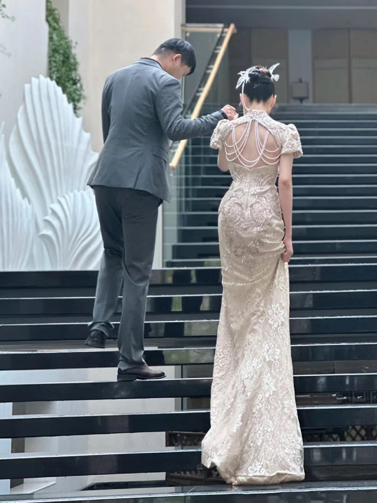 

Новое свадебное платье цвета шампанского золота 2026 года, фасон «русалка», для выездной церемонии и банкета по случаю возвращения домой