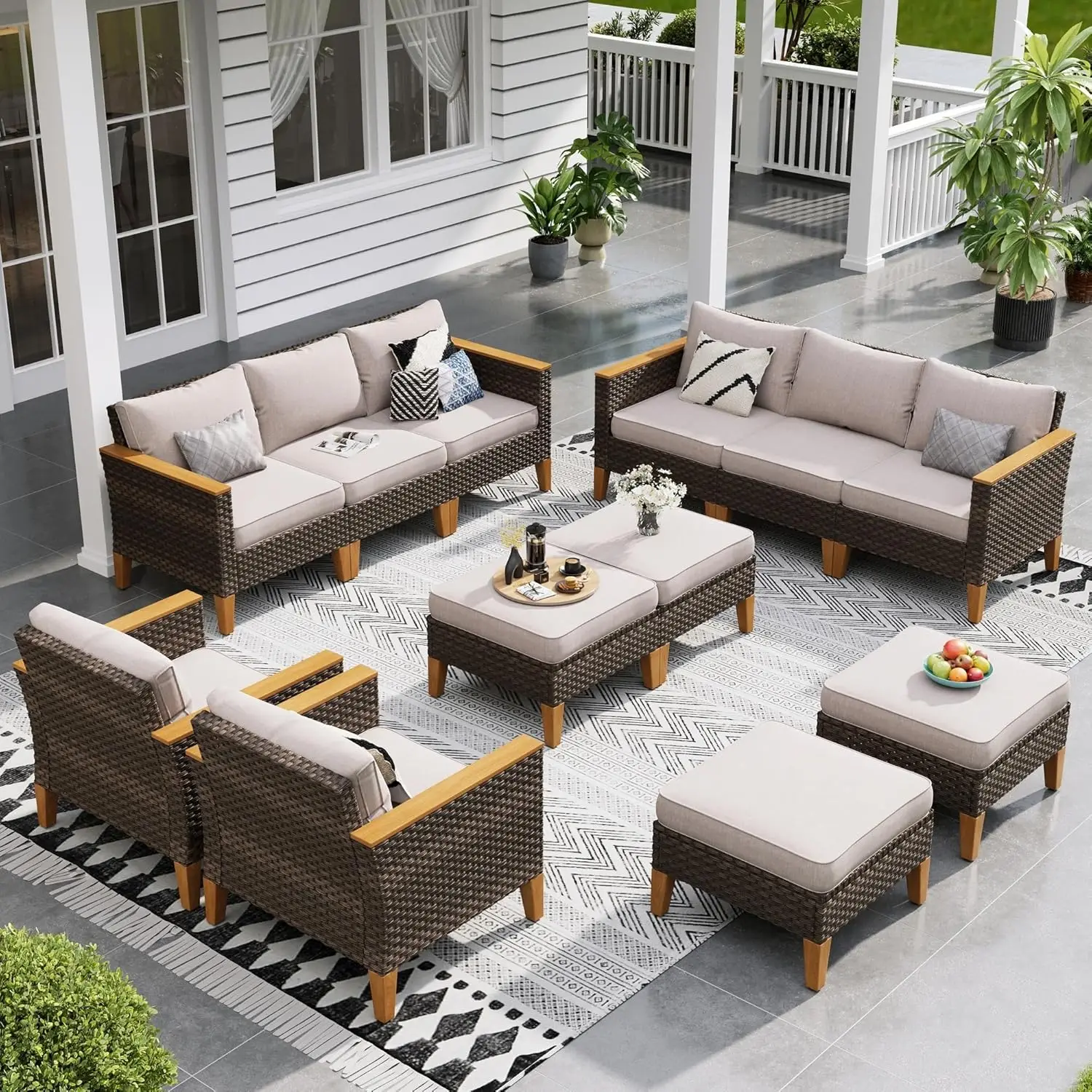 

Комплект из 12 предметов: плетеный секционный диван для патио с высокой спинкой, стулья, пуфы, клипсы, подушки 4 дюйма, для улицы, на заказ