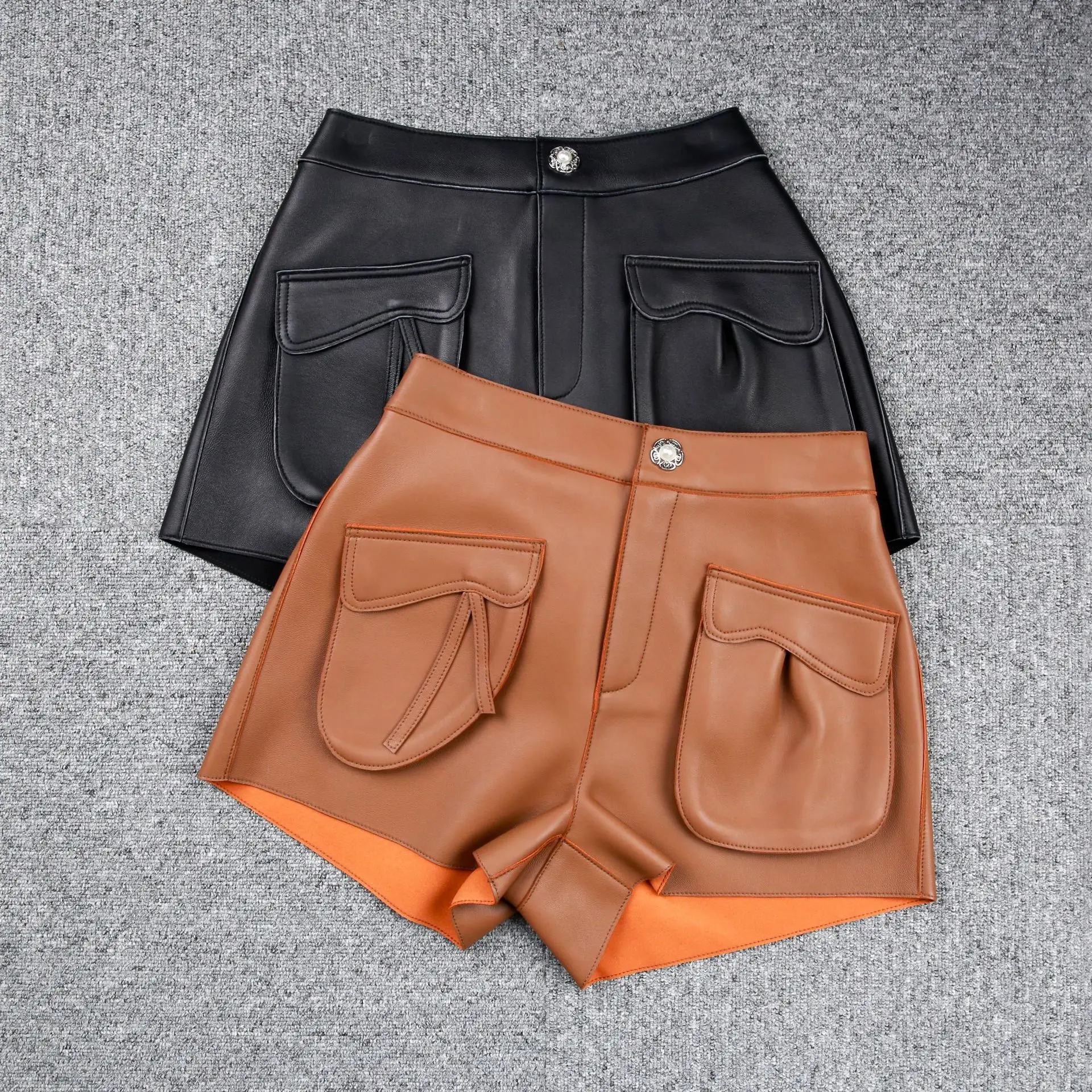 

2022 Autumn New Designer Womens' High Quality Genuine Leather Pockets Elastic Waist Shorts B310