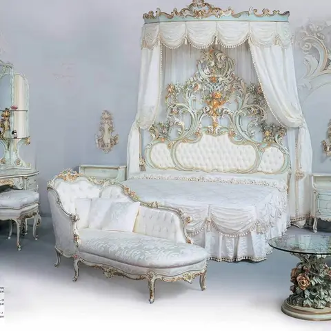 럭셔리 유럽 공주 원단 빌라 코트 침대, 프랑스 원목 조각 꽃