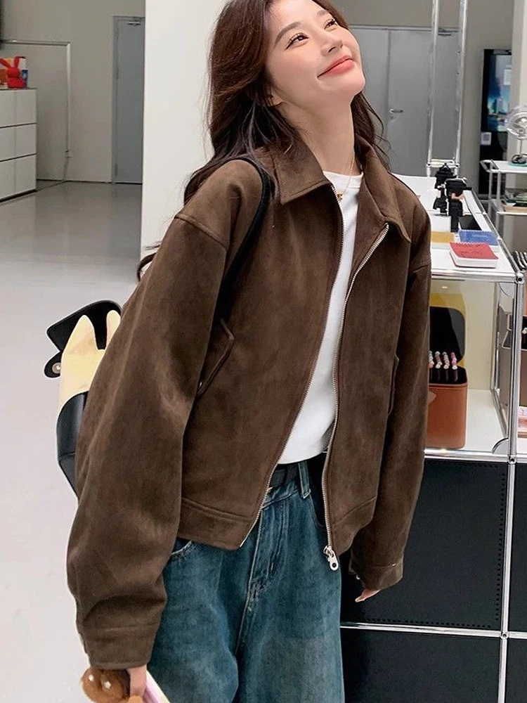 FSMG Vintage kávová semišová bunda s klopou pro ženy, ležérní dlouhý rukáv, kapsa na zip, oříznutý kabát, módní high street outfit - náhled 3